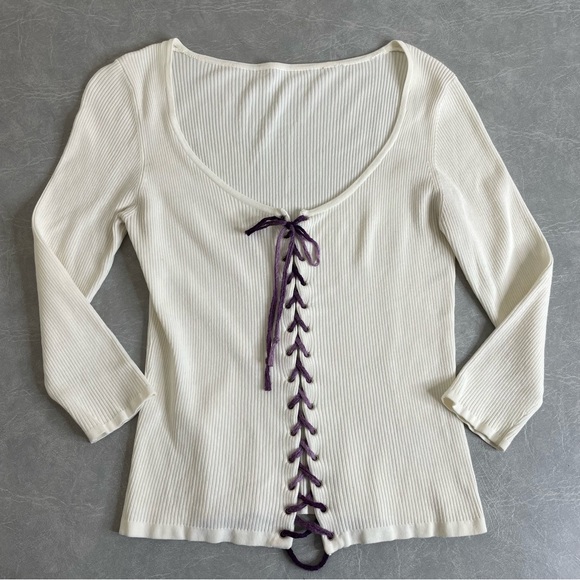 Vintage Cream Long Sleeve Ribbed Knit Top with Purple Lace-up Front Closure - Picture 5 of 5